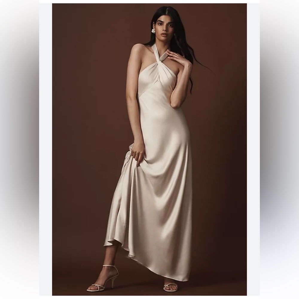 Anthropologie BHLDN Selma Halter Neck Satin Maxi Dress Champagne Cream Gown NWT